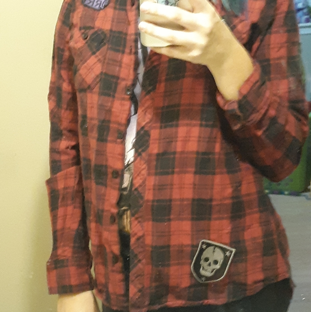 Red Flannel Cardigan w/ stitched on patches